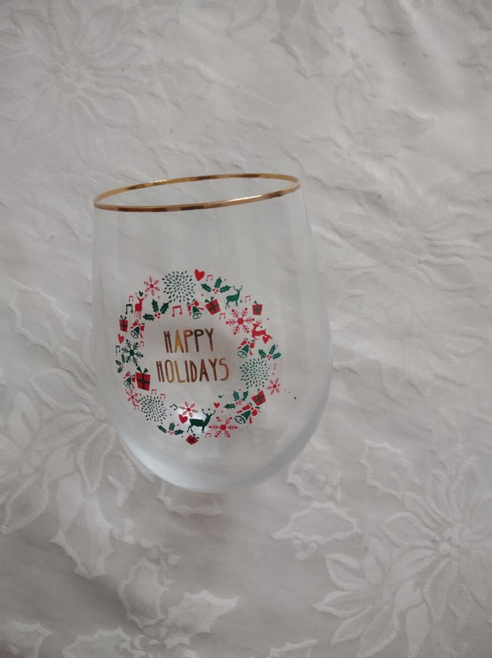 Happy Holidays Hand Painted Gold Rim Stemless Wine Glasses